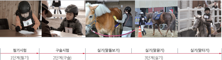 1단계(필기) 필기시험, 2단계(구술) 구술시험, 3단계(실기) 실기(말돌보기) - 실기(말끌기) - 실기(말타기)