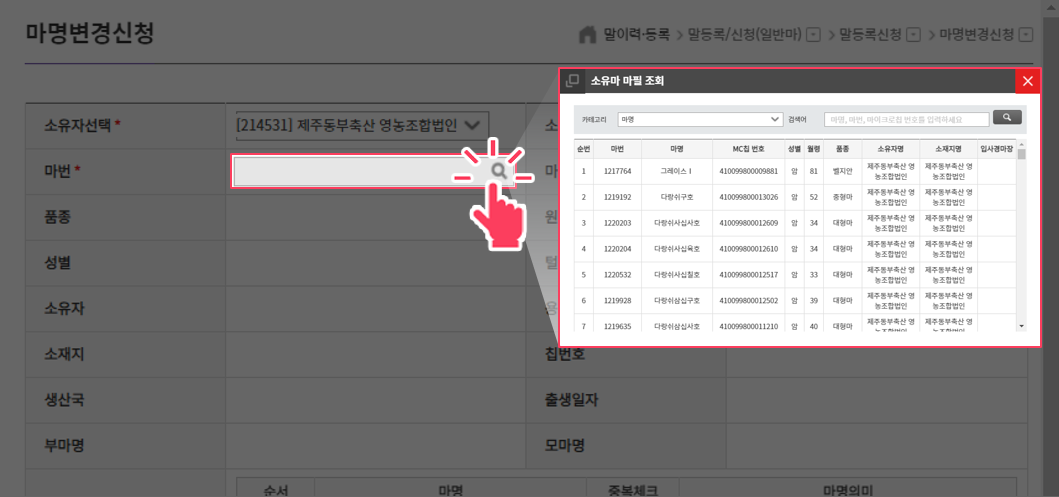 마명이 이미 부여된 경우의 마필을 조회하여 선택