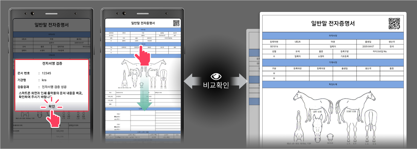 스캔이 완료되면 검증된 스마트폰상에 오픈된 전자증명서와 인터넷을 통해 발급한 전자증명서를 비교하여 문서의 진위를 확인