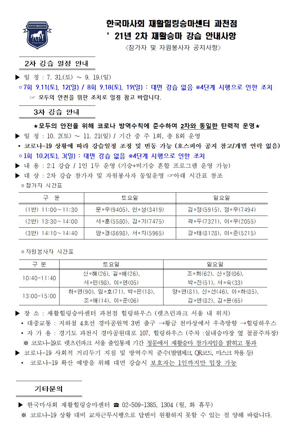 한국 마사회 재활힐링승마센터 과천점 21년 2차 재활승마 강습 안내사항 (참가자 및 자원봉사자 공지사항) 자세한 사항은 다음 내용 참고